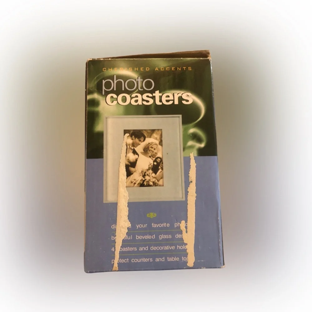NIB Glass Photo Coasters Set – 2x3 Display – Holder Missing – Box Damaged